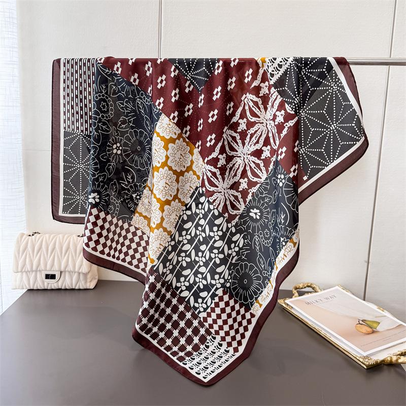 Contrasting Color Splicing Satin Simulation Silk Printing Large Square Scarf Silk Scarf Shawl Headscarf Neck Protection Scarf