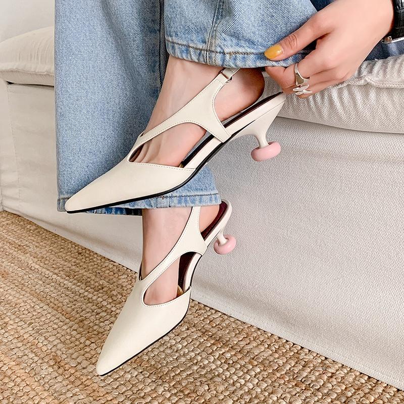 Fashion Women's Genuine Leather Thin High Heel Pointed Toe Slingback Slip-on Flats Sandals Elegant Ladies Daily Dress Pumps Heeled Shoes