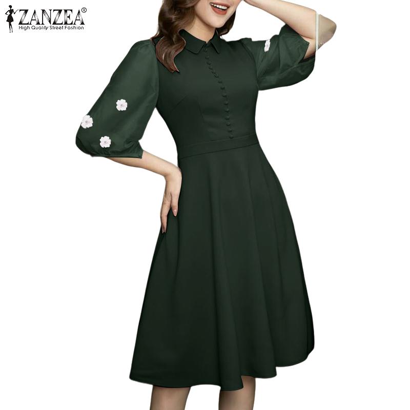 ZANZEA Women Summer Turn Down Collar Floral Half Sleeve Casual Dress