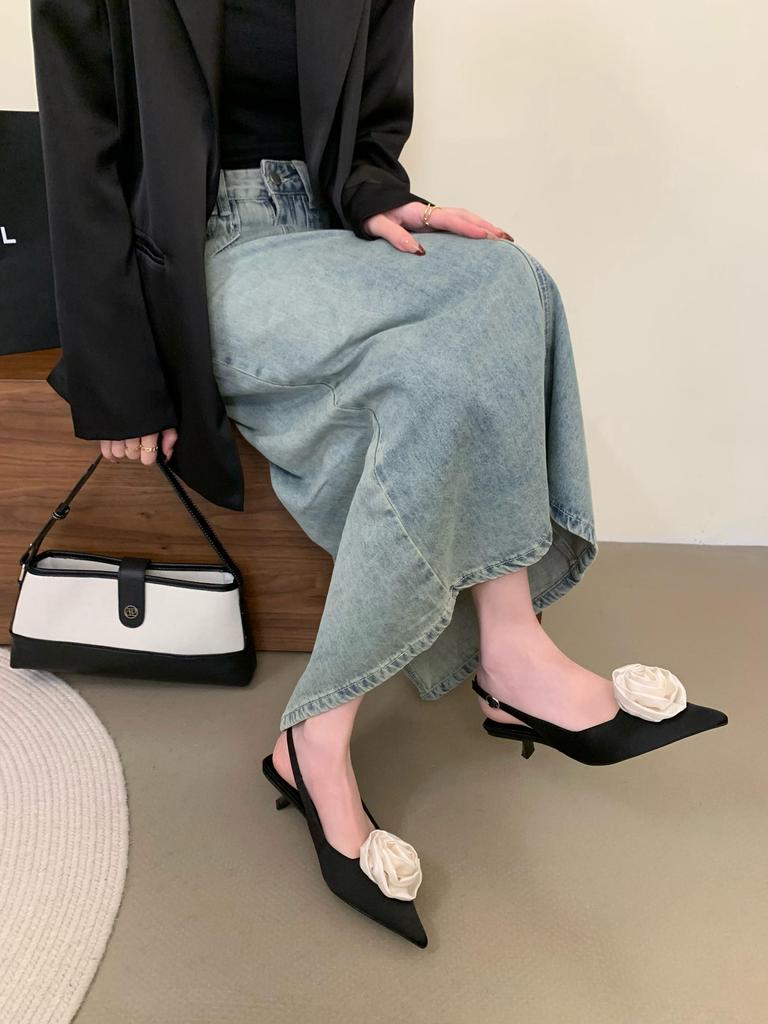 Spring and Summer French Rose Toe Sandals Womens Pointed Shallow High-heeled Shoes Slim Heels Paired with Skirts with Empty Back