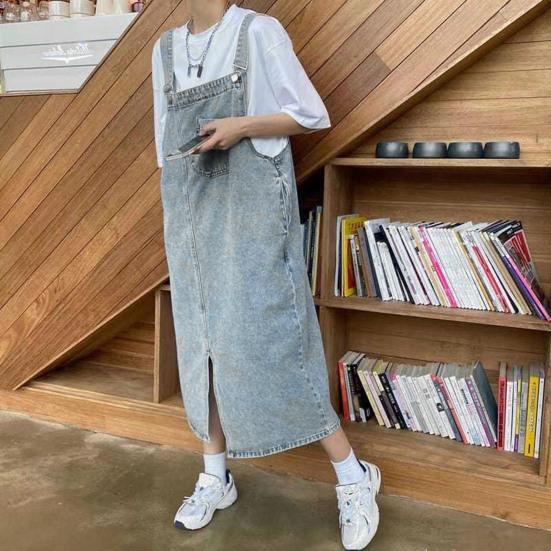 Robe en jean à bretelles sans col, ample, dos nu, sans manches, poches latérales, ourlet fendu, couleur unie, bandoulière réglable, robe mi-longue pour étudiante