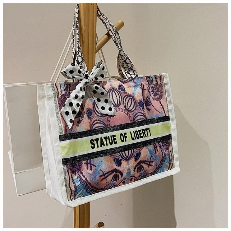 Canvas Shoulder Bag Large Capacity Silk Scarf Ladies Leisure Shopping Bag Students Carrying Bucket Make-up Bag Square