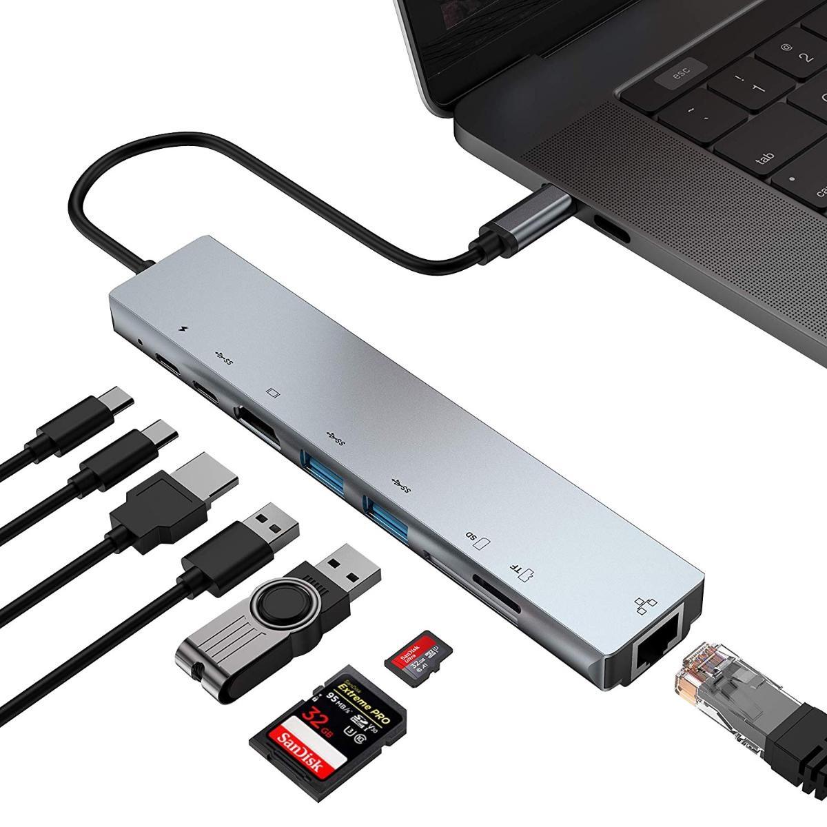 

Док-станция расширения Type-c 8-в-1 с USB-C на HDMI4k30hz USB3.0PD Многофункциональный преобразователь для чтения карт 8 In 1