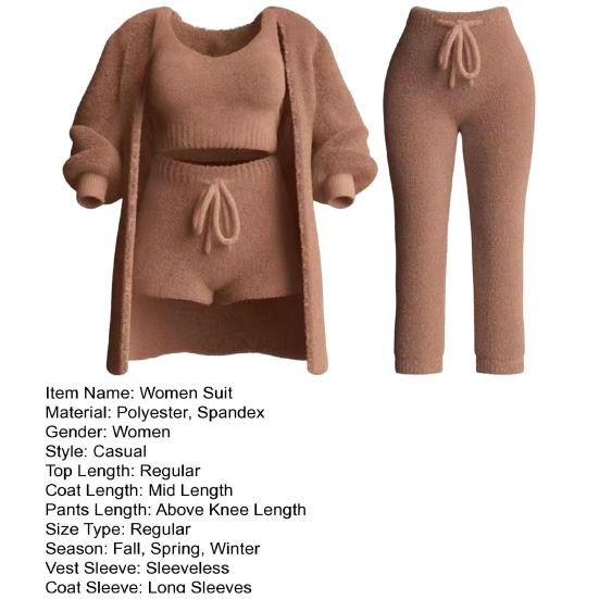 4 Pcs/Set Women Vest Shorts Coat Pants Set Long Sleeve Thick Coat Round Neck Sleeveless