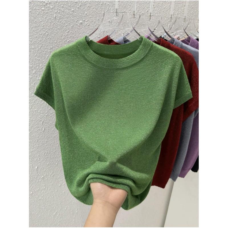 Damen Sommer Rundhals Dünnes Lockeres T-Shirt Einfarbiges Design Stricktops