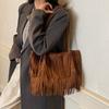 Bruine Suède Franje Tote Tas Dames Mode Schoudertas Met Gelaagde Kwastjes Boho Stijl Handtas Dagelijks Gebruik