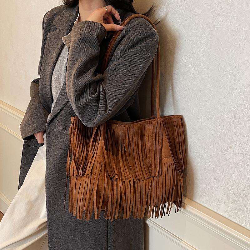 Bruine Suède Franje Tote Tas Dames Mode Schoudertas Met Gelaagde Kwastjes Boho Stijl Handtas Dagelijks Gebruik