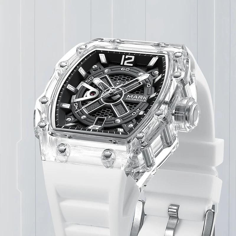 Mark Fairwhale Herren S Automatische Mechanische Skelettuhr Transparentes Design Acrylgehäuse 43mm Gummiarmband Wasserdicht Leuchtend