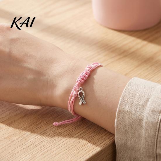 Pink White Cord Jewelry Breast Cancer Awareness Bracelet for Women, Adjustable Woven String with Heart Butterfly Alloy Pendants Ribbon Charm, Handmade