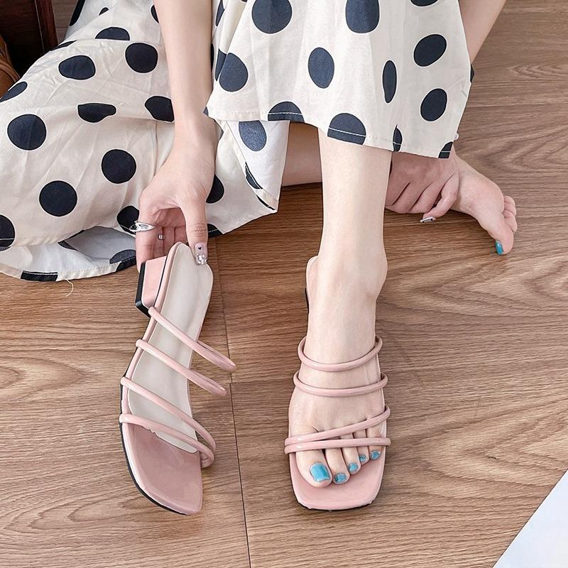 Fashion French Simple Square Toe Thin Strap Block Heel Flip-flops for Women 2025 Summer New All-match Open-toe High Heels
