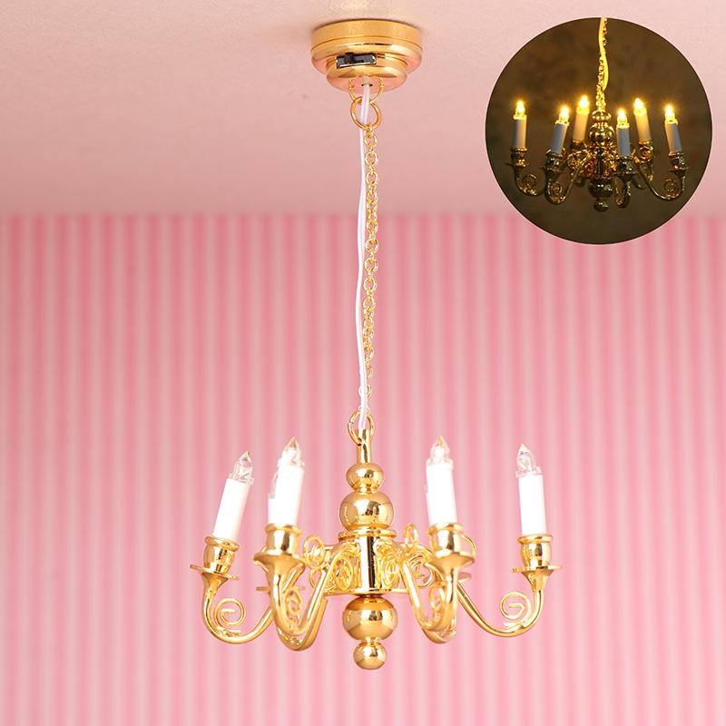 

1:12 кукольных светильников Droplight Mini Led Lamp 6 головок Европейский стиль Люстра Потолочный светильник Гостиная Спальня Декор Игрушка Микро Сцена золотой