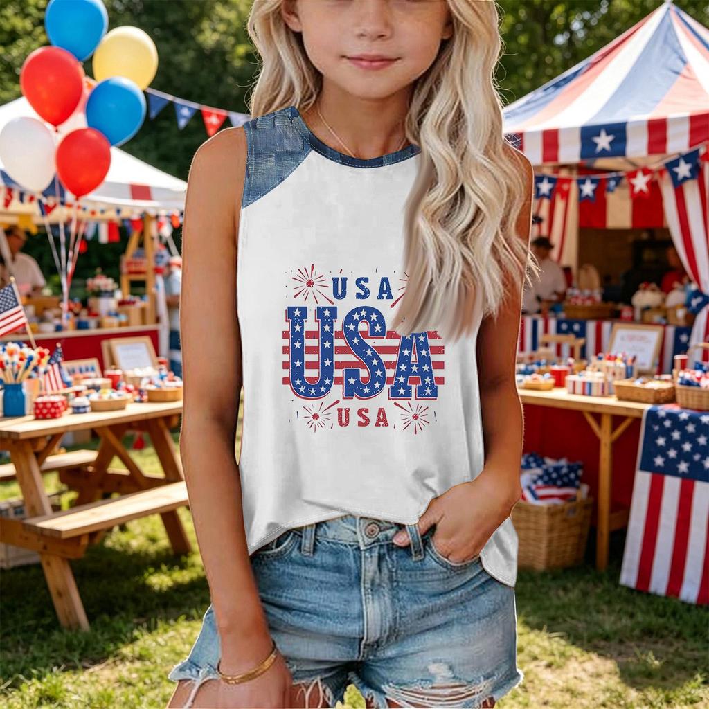 Girls Sleeveless Loose Fit Tank Top Independence Day Firework Print Round Neck Denim Patchwork T Shirt Summer Casual Tee