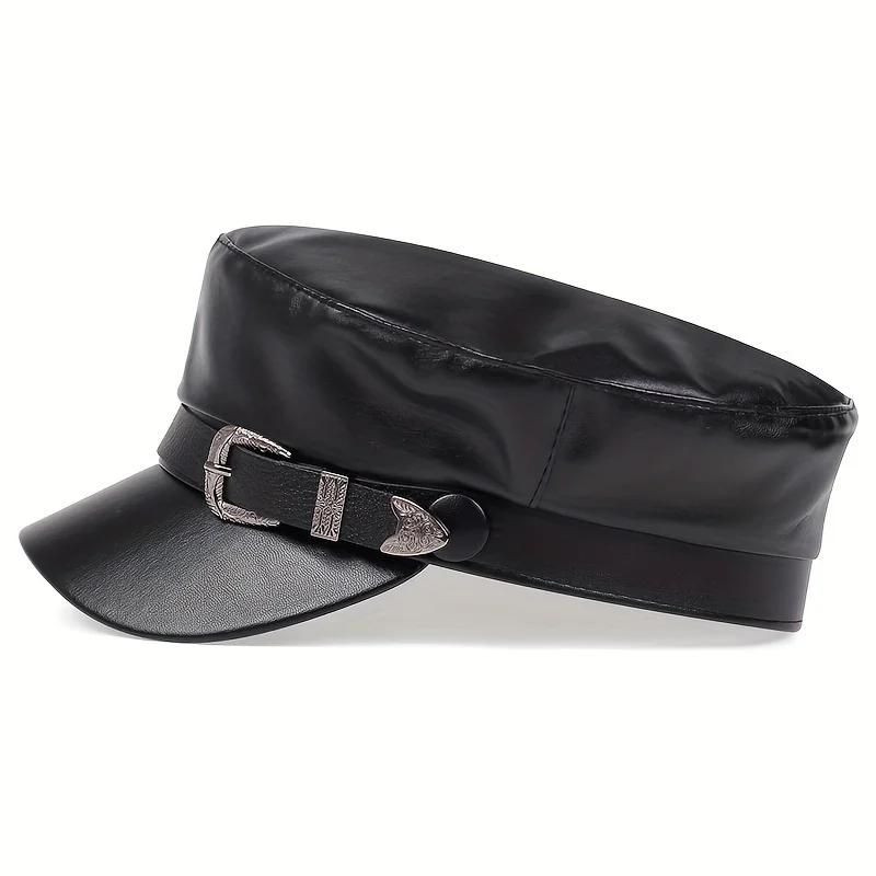 Sailor Autumn Spring Hat Leather Buckle Belt Large Women Fashionable Trendy Hats Black Ladies Beret Caps Men Flat Top Captain Military Caps