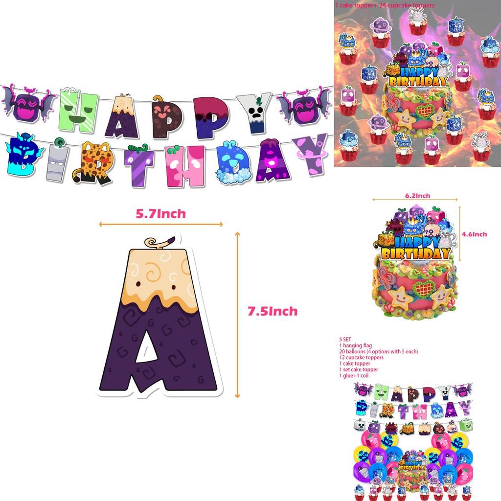 Blox Fruits Party Decorations Pirate King Game Box Flag Balloons Cake Toppers Birthday Banners Set)
