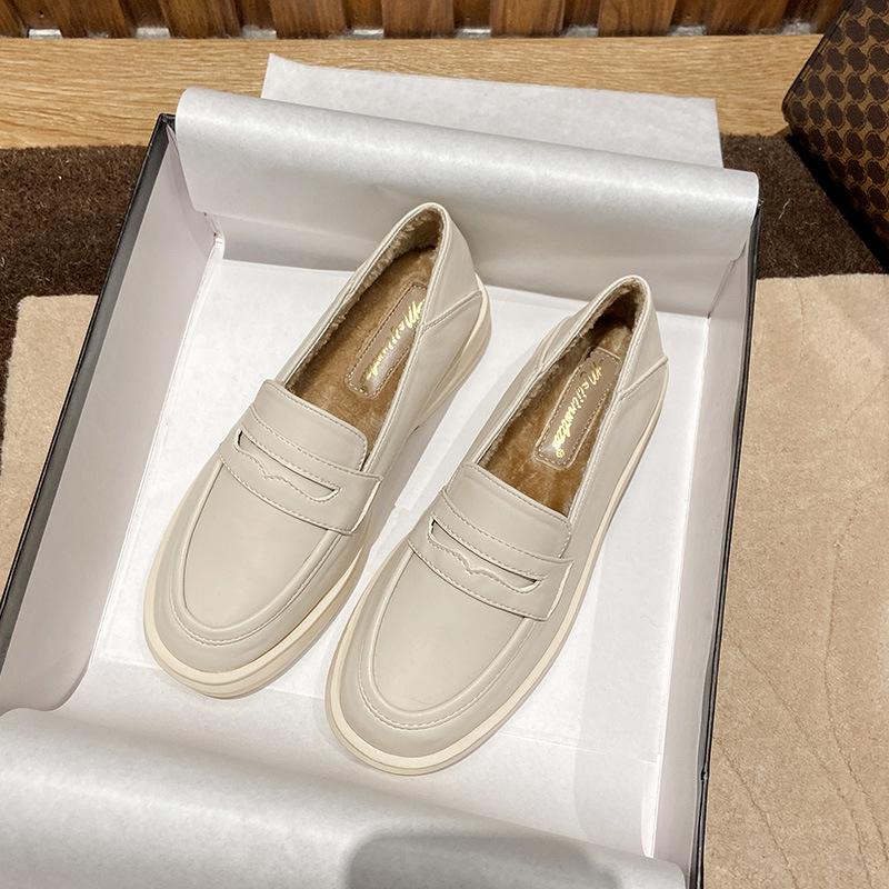 Fashion 2025 Preppy Women Small Leather Shoes Winter Cotton Fur Flats Warm Slip On Loafers Traf Ladies Thick Heel Oxfords Big Size 34-44