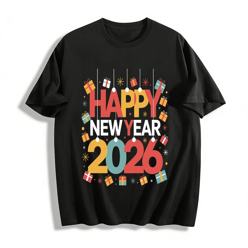 2026 Happy New Year Print Casual Unisex Knit Top Pure cotton T-shirt XXS