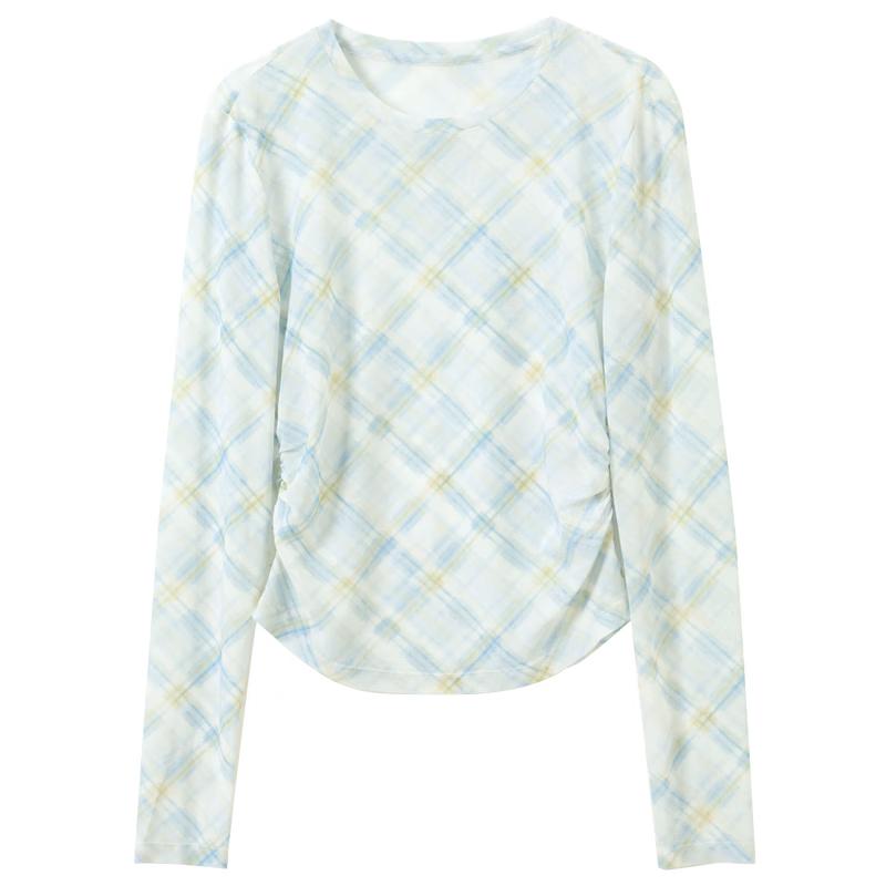 SanCai Women s Plaid Mesh Long Sleeve Top M