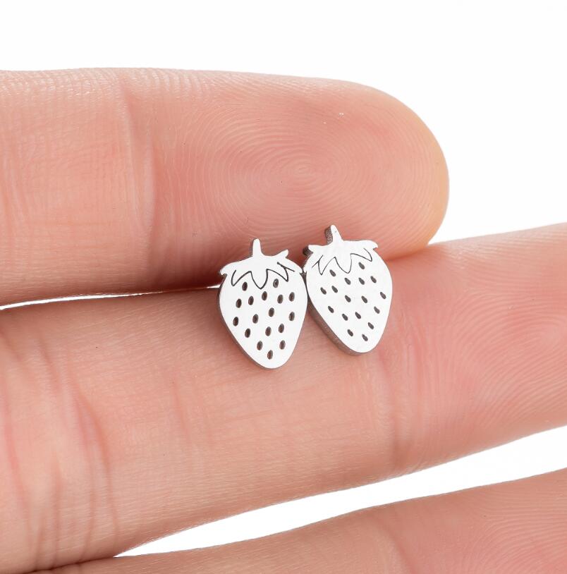 SMJEL Summer Cherry Earrings Ladies Stainless Steel Fruit Stud Earrings Small Watermelon Apple Pineapple Unique Zircon Gift