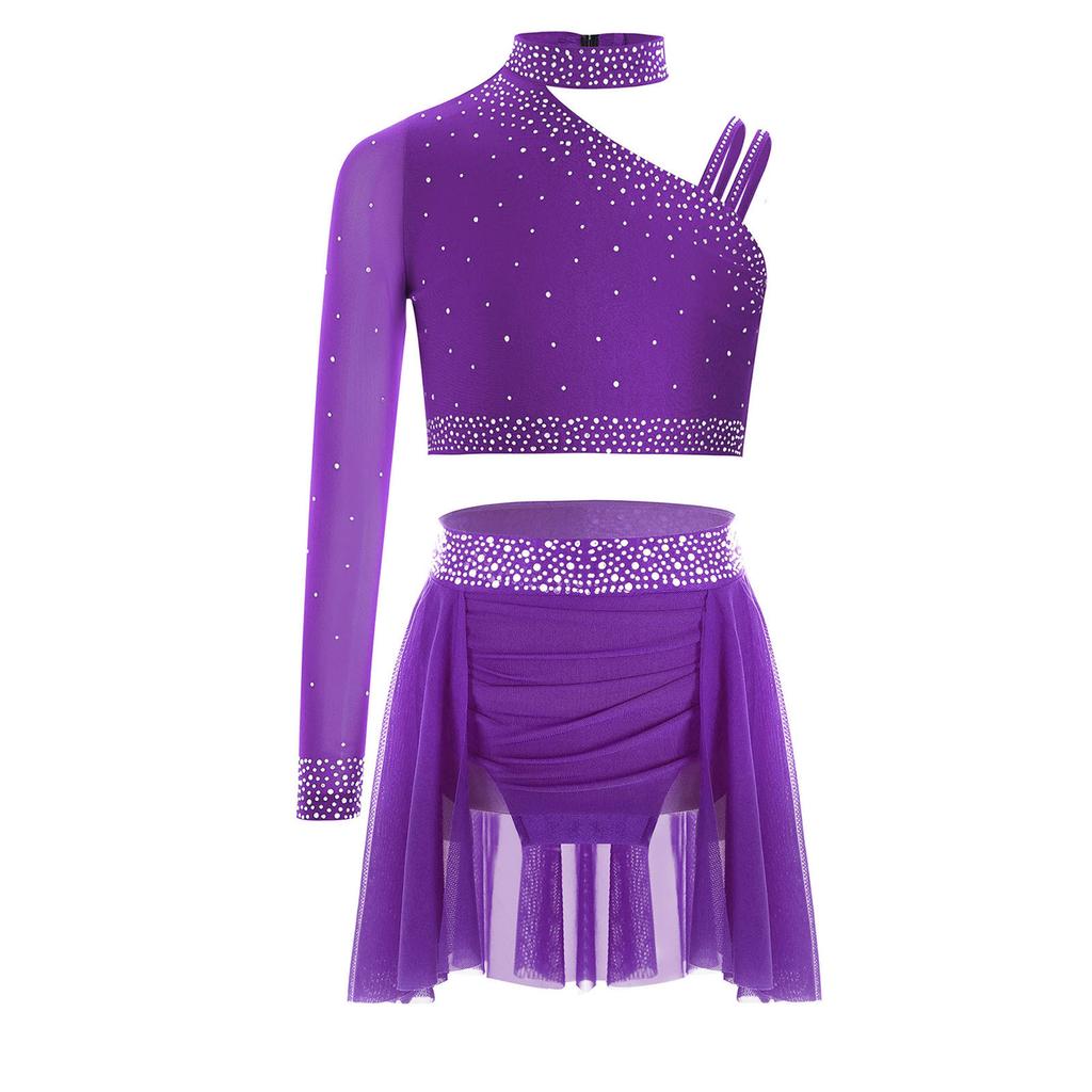 Girls Sparkly Rhinestones Crop Top Ruched Irregular Dance Skirt Figure Skating Gymnastics Set