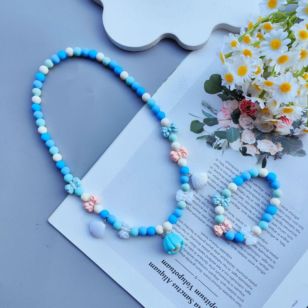 Cartoon Kids Candy Color Bead Bow Knot Necklace & Bracelet Set with Mother-of-Pearl Shell