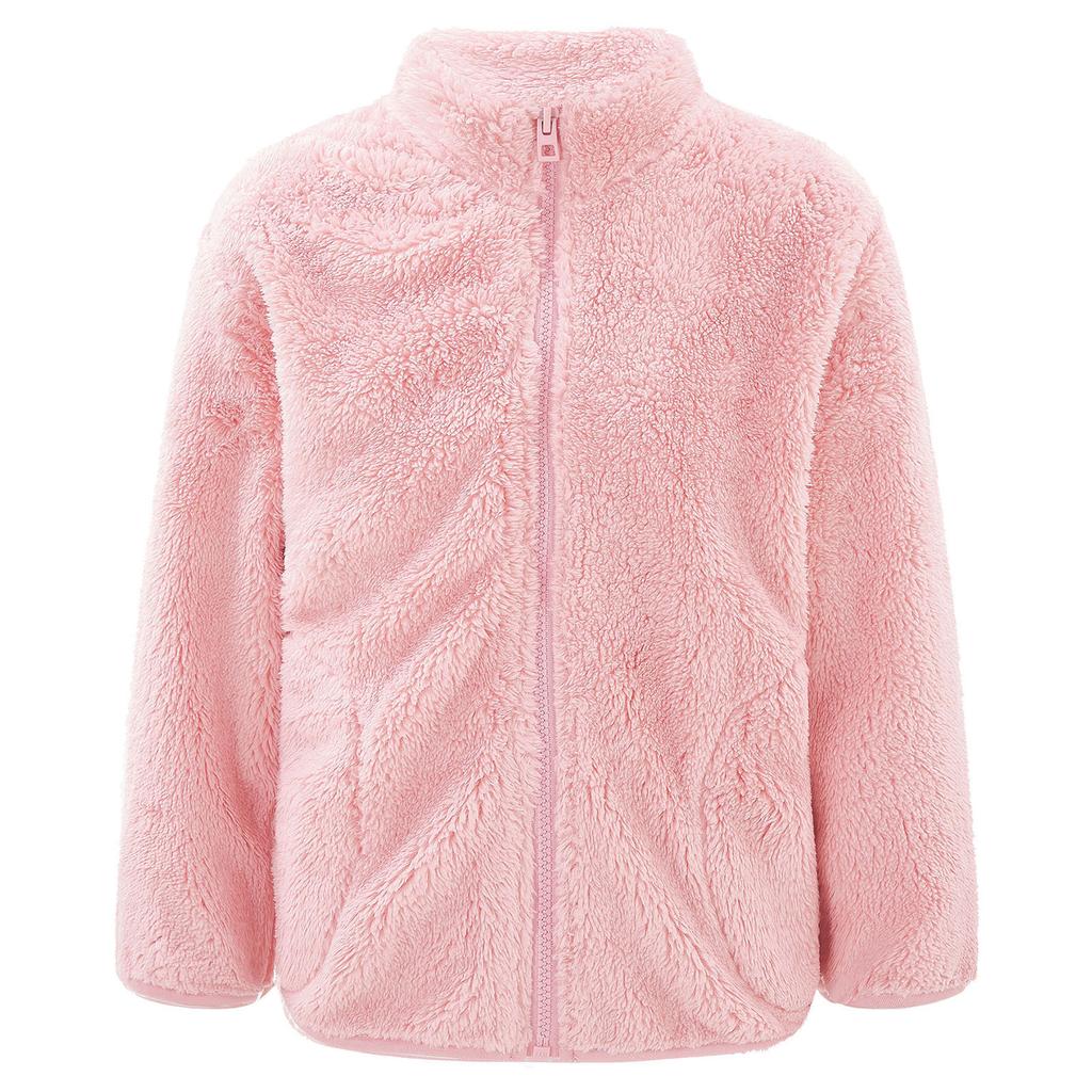 Kids Casual Outerwear Long Sleeve Stand Collar Soft Plush Zipper Closure Pockets Side Warm Jacket