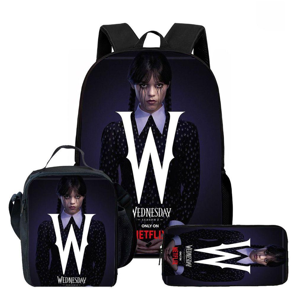 Wednesday Backpack Lunch Bag Pen Case Set With Geometric Pattern For Daily Use