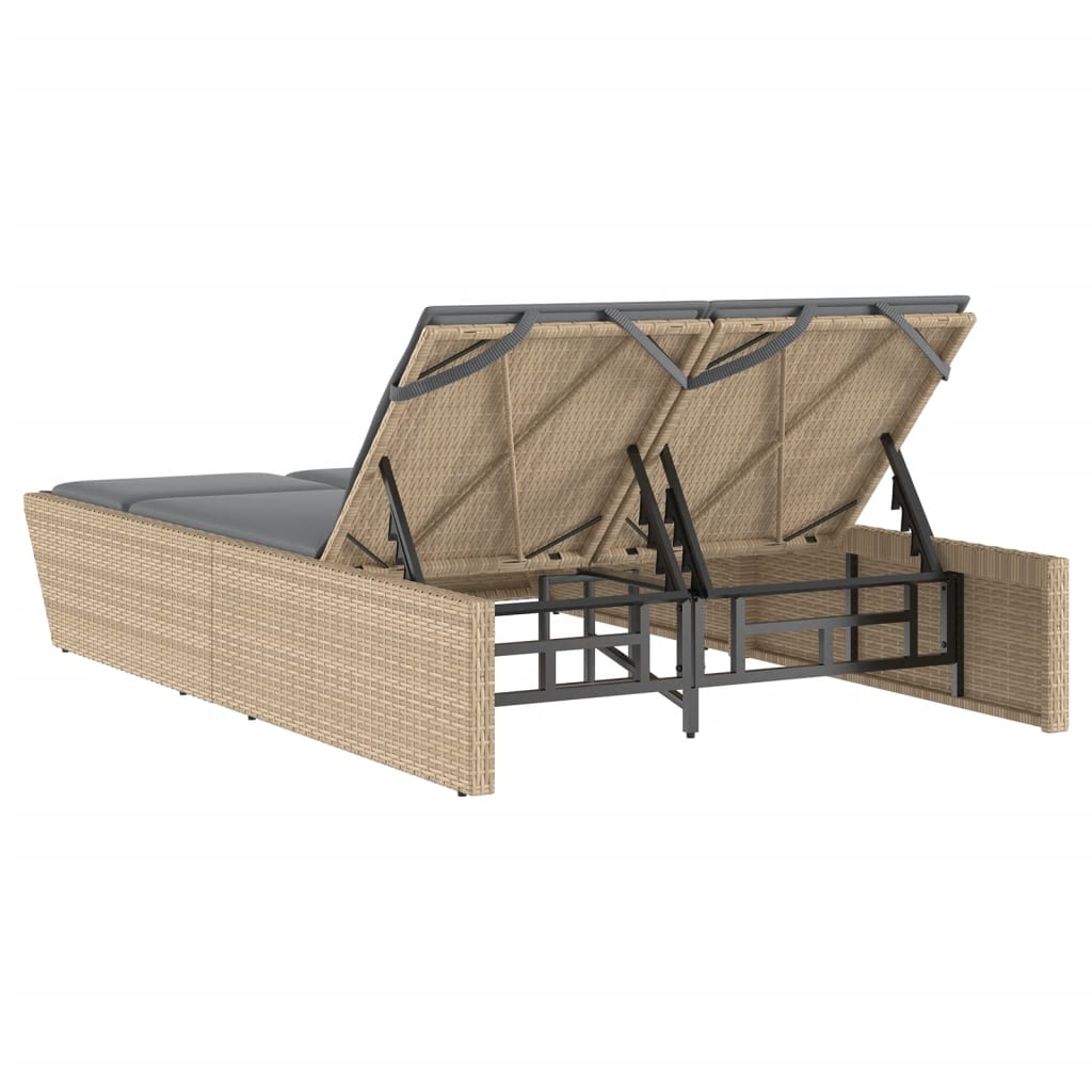 Double Sun Lounger with Cushions Beige Poly Rattan