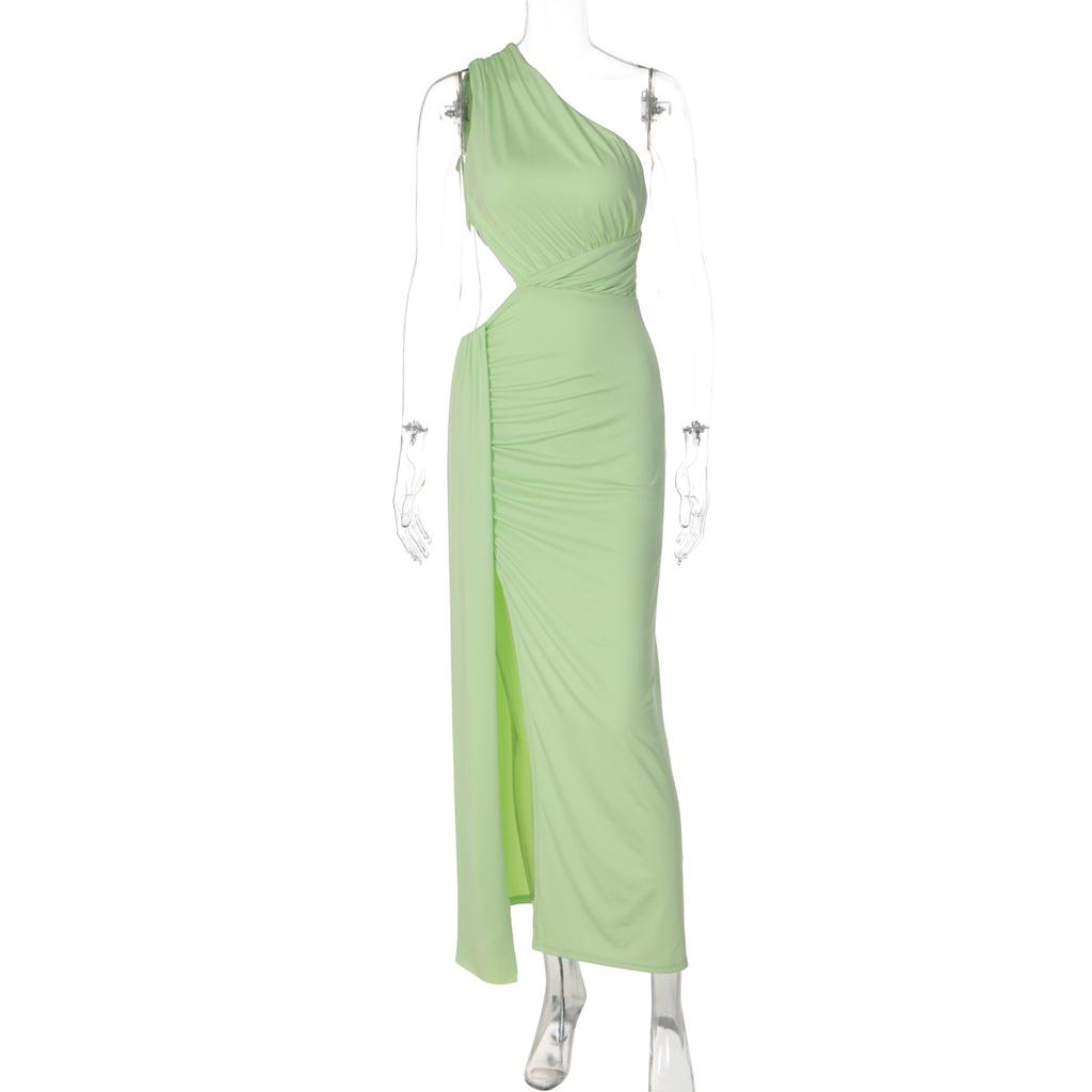 Women’s Elegant One Shoulder Maxi Dress, Ruched Bodycon Evening Dress with Side Cutout and Draped Detail, Sleeveless Floor Length Dress for Party