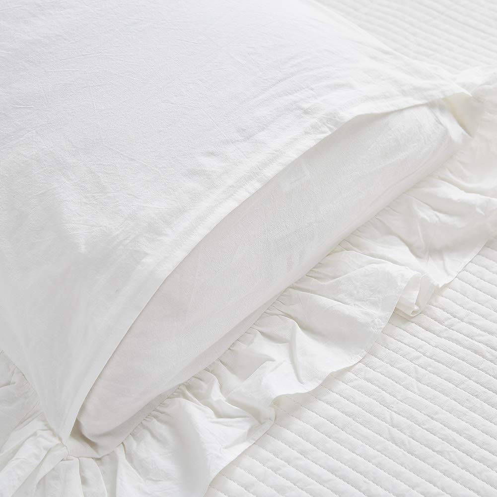 Farmhouse Ruffled Off White Cotton Pillow Sham Set of 2   Standard 19x27.8 Inches for Bedroom or Guest Room Decor