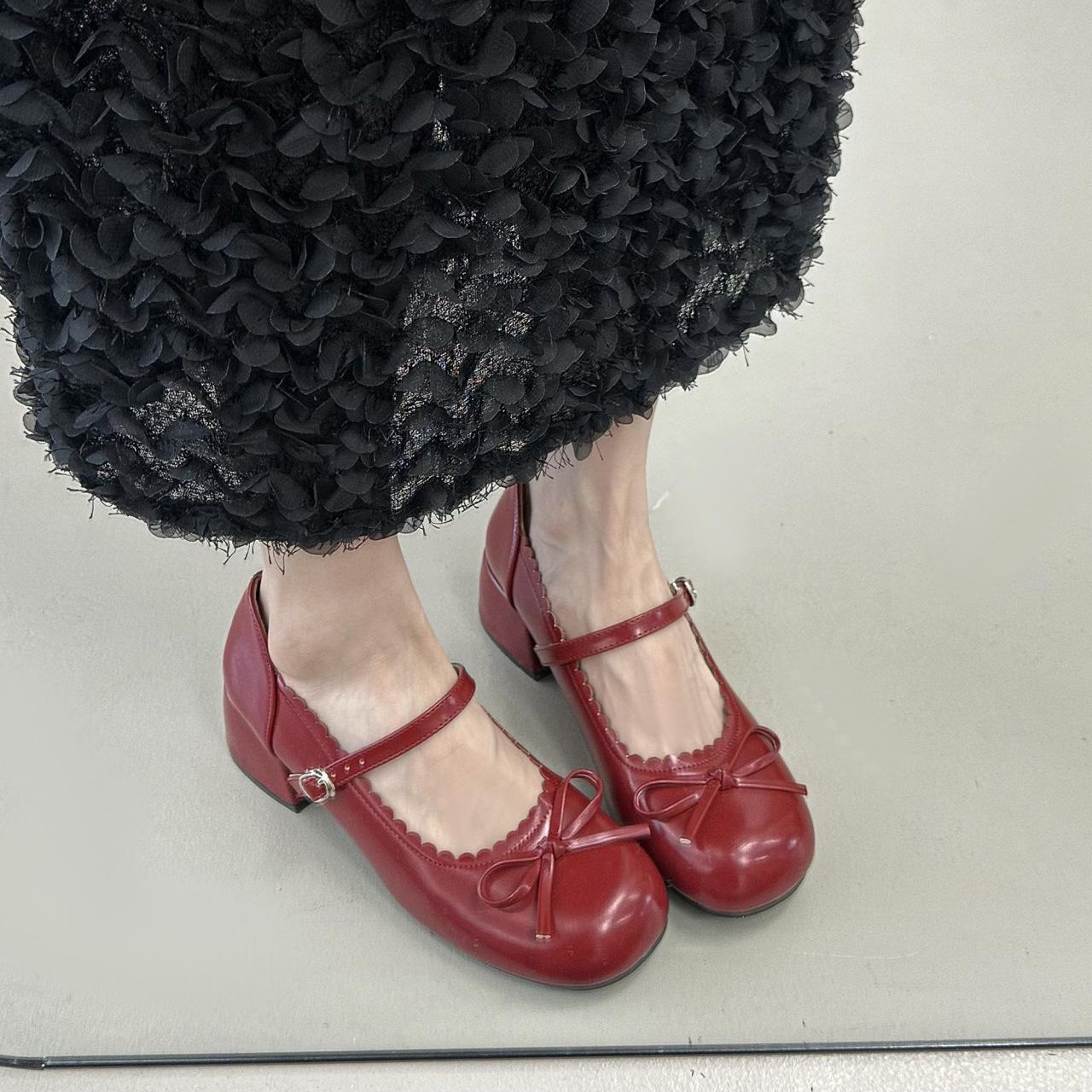 

French bow thick heel Mary Jane single shoes women s summer 2025 new one-button ballet thick heel high heels 40 бордовый