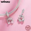WOSTU 925 Silver Pink High Heel Charm Champagne Pendant Cherry Bead Fit Bracelet Necklace Sweet Girl Birthday DIY Jewelry Gift