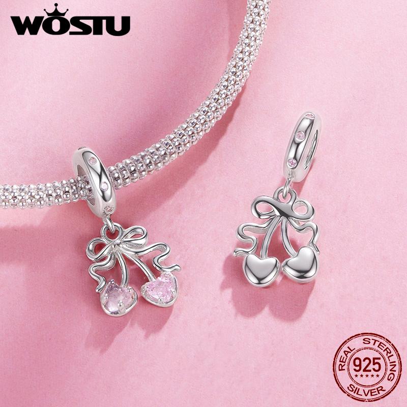 WOSTU 925 Silver Pink High Heel Charm Champagne Pendant Cherry Bead Fit Bracelet Necklace Sweet Girl Birthday DIY Jewelry Gift