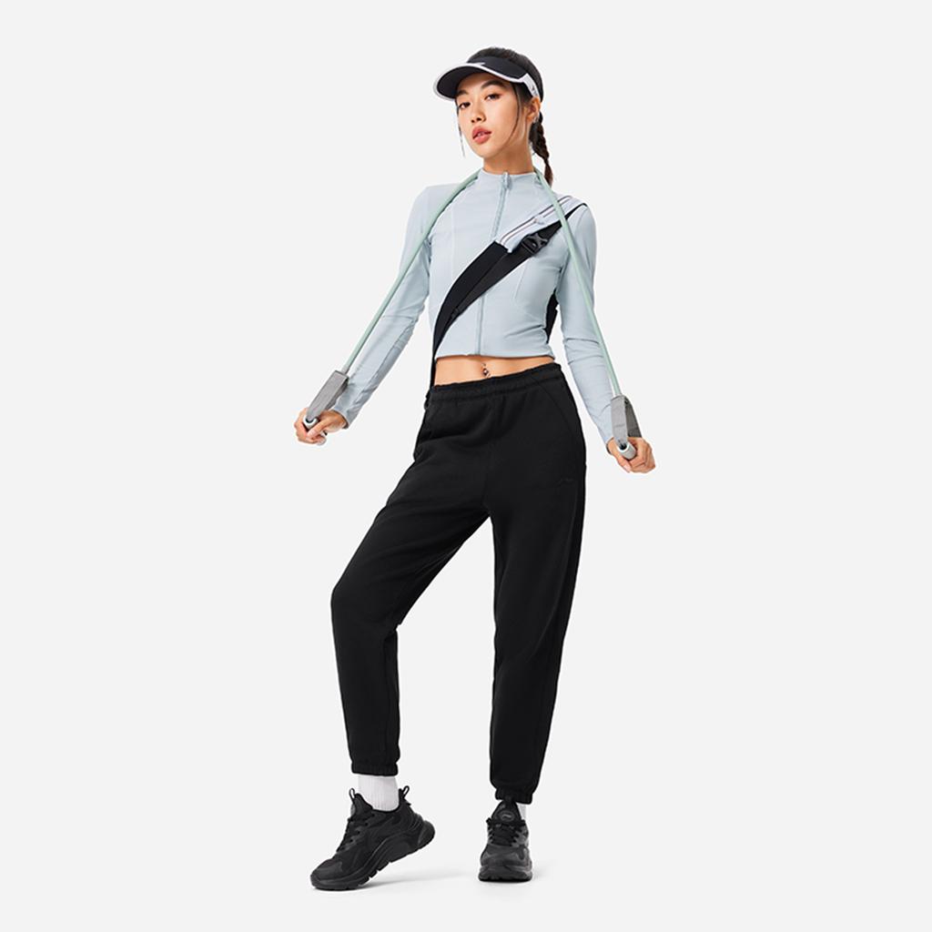 Li Ning Fitness Series Simple Solid Color Mid Waist Comfortable Fleece Lined Warm Cuffed Knitted Sports Pants Women Pants Black AKLU592-2
