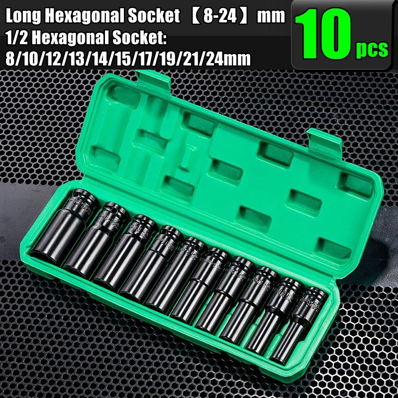 1/2 Sleeve Combination Drive Extended Socket Hexagonal Impact Sleeve Set with Portable Storage Case 8-32mm Torque for Car Repair
