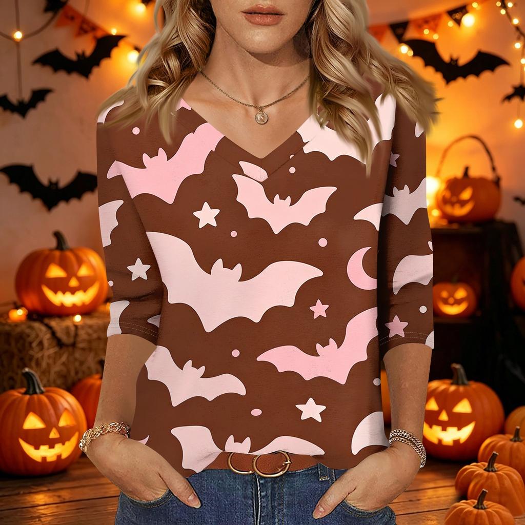 Damen Freizeit V-Ausschnitt Oberteil Halloween-Print Dreiviertelärm Leicht Bluse Lockerer Schnitt Pulloverhemd für die Herbstsaison