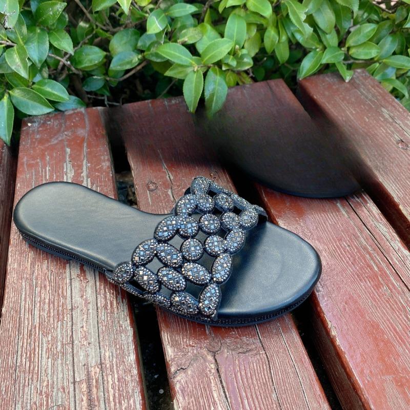 Módní žabky plus size Léto Nové Kulatá špička Otevřená špička Kamínky Výřez Měkká podrážka Protiskluzové Odolné proti opotřebení Baleríny