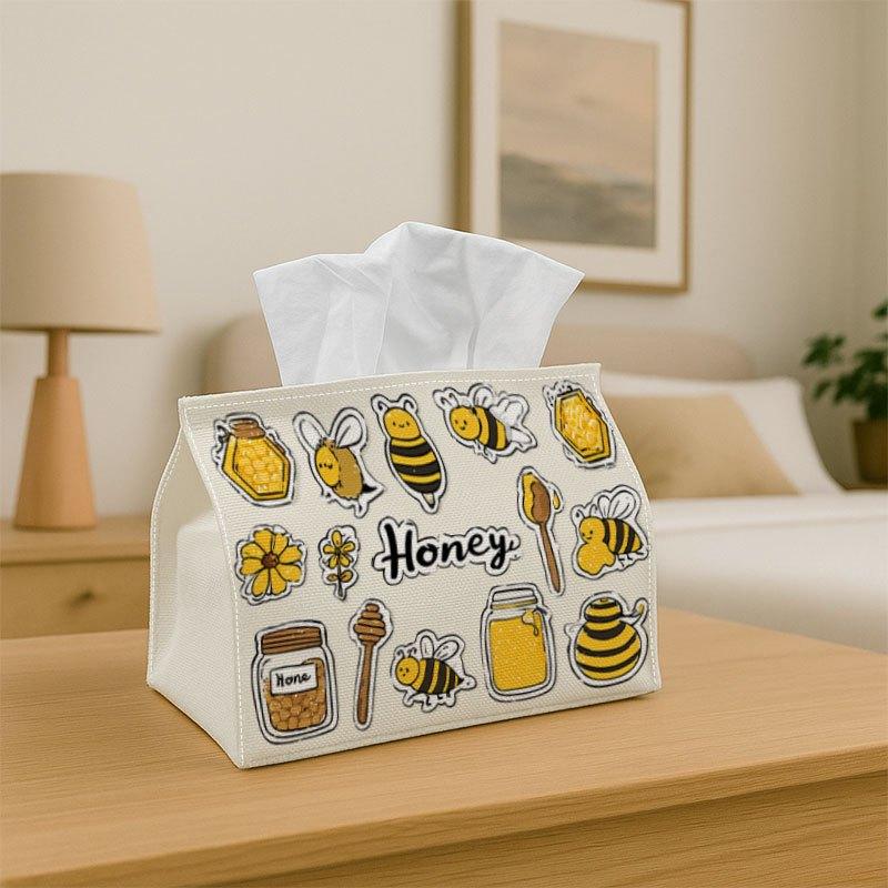 1pc Tissue Box Holder Features Adorable Cartoon Sketches of Bees And Honey Symbols - A Versatile Napkin Dispenser Suitable for Home Gatherings, Car De
