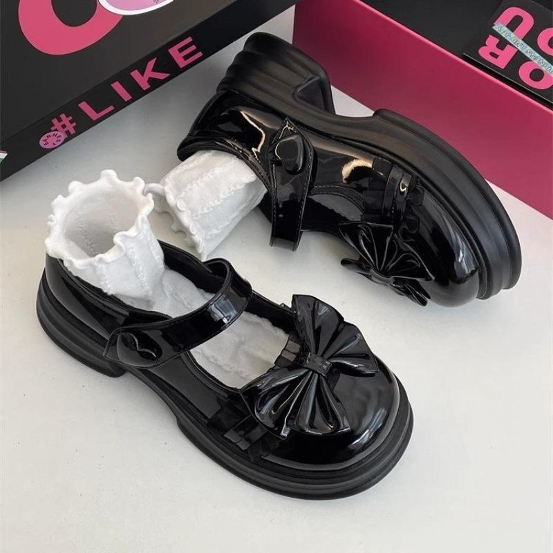 College Style with Skirt JK Small Leather Shoes Women's New Bow Velcro Single Shoes Student Cute