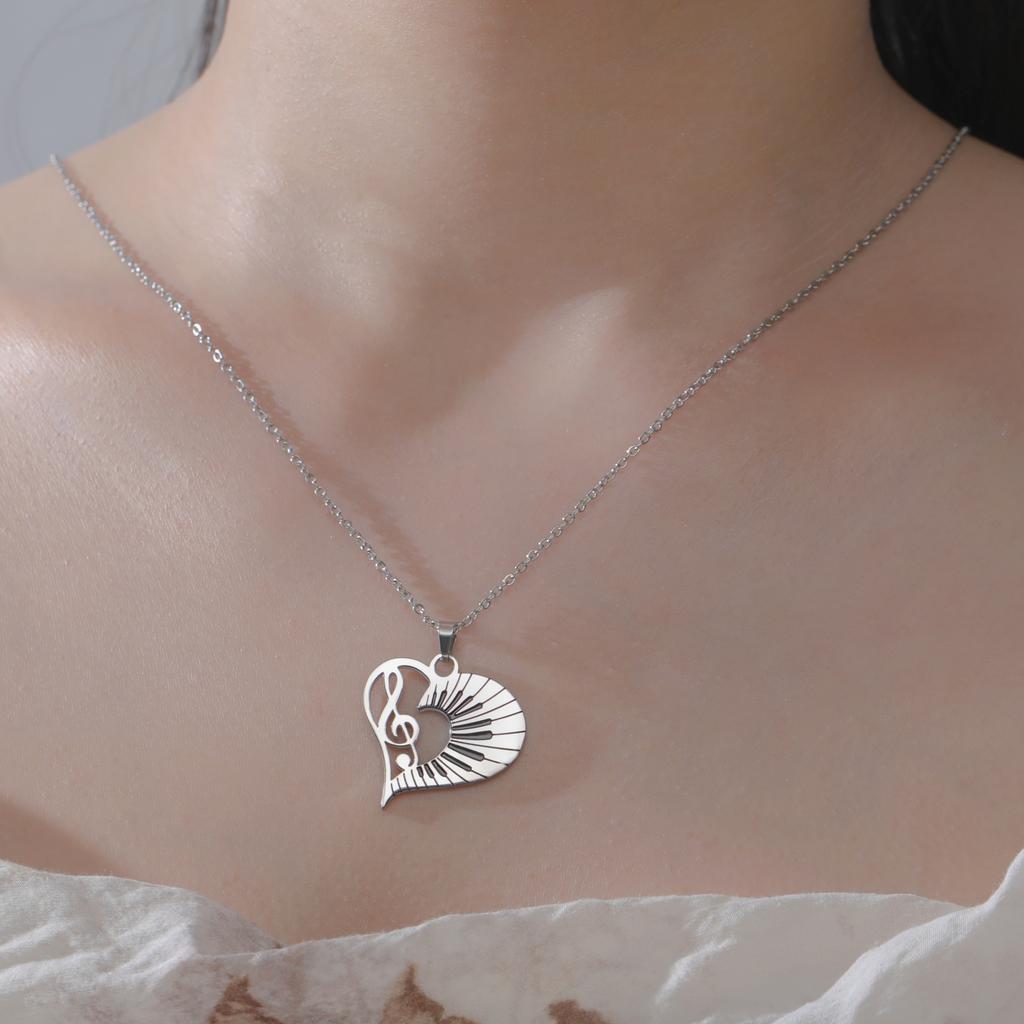 Cazador Trendy Music Note Heart Pendant Necklace for Women Piano Keyboard Chain Stainless Steel Jewelry Music Lovers Gifts