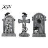 Vintage Style Horror Statue Halloween Skull Tombstone, Stone Look Retro Gothic Resin Creepy Distressed Gray Effect Figurine Crow Gravestone