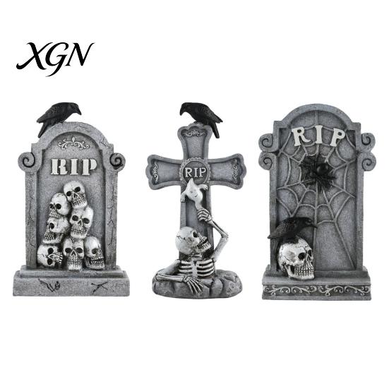 Vintage Style Horror Statue Halloween Skull Tombstone, Stone Look Retro Gothic Resin Creepy Distressed Gray Effect Figurine Crow Gravestone