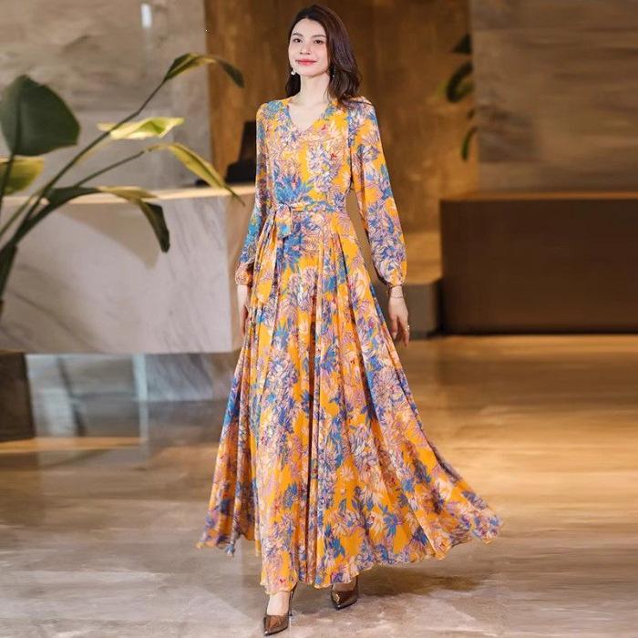 Elegant Waist-Cinching Summer Print Dress