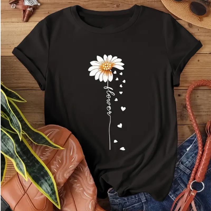 Faith Letter & Flower Print T-shirt Casual Short Sleeve Crew Neck Top Women's Clothing Valentine's Day