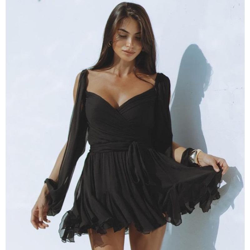 

Women s Long Sleeve Mesh V Neck Ruffle Mini Dress High Waist Backless Tie Slim Short Dress S чёрный