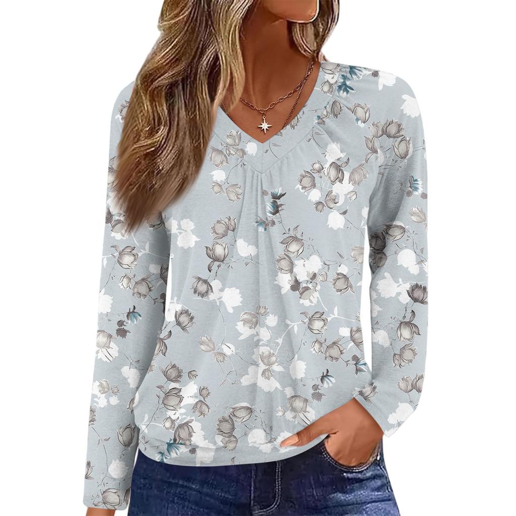 Women's Casual Fashion V-Neck Raglan Pleated Floral Print Long Sleeve Top