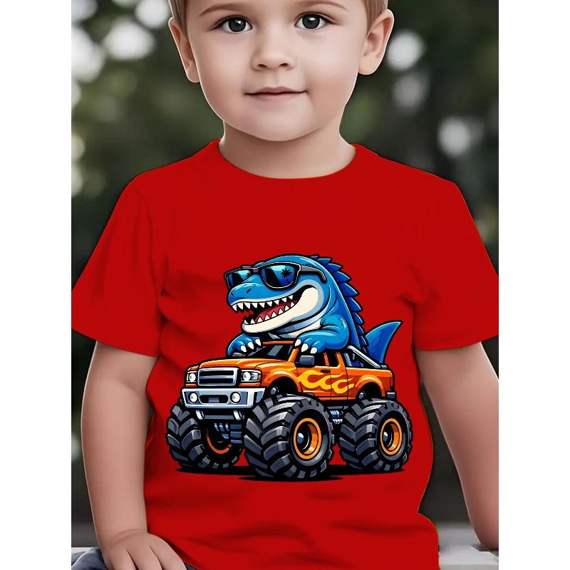 Taglie Europee Estate Moda Bambino T-shirt a Maniche Corte con Occhiali alla Moda Stampa Cartone Animato T-Rex e Monster Truck, Top Casual da Esterno
