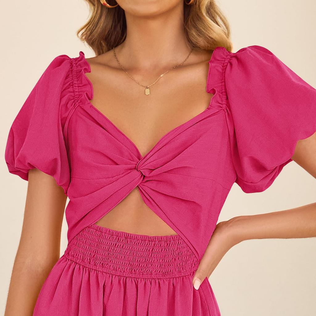 Women's Fashion Bohemian Wrap Short Bubble Sleeve A-Line Beach Long Dresses