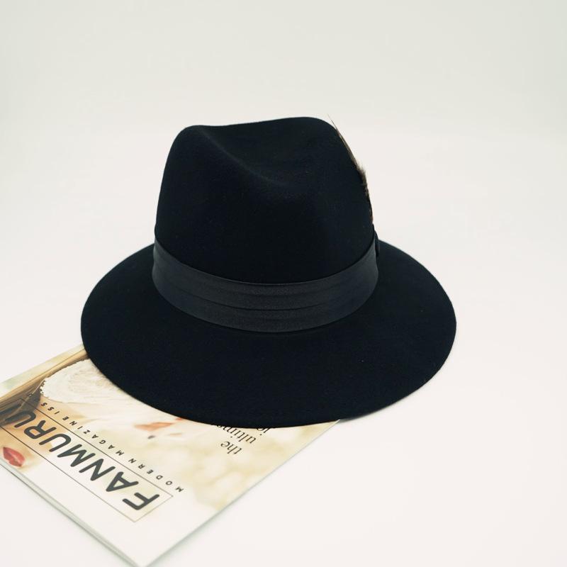 Europe And The United States Export Foreign Trade Feather Black Woolen Jazz Top Hat Men And Women Autumn And Winter Panama Gentleman Felt Hat