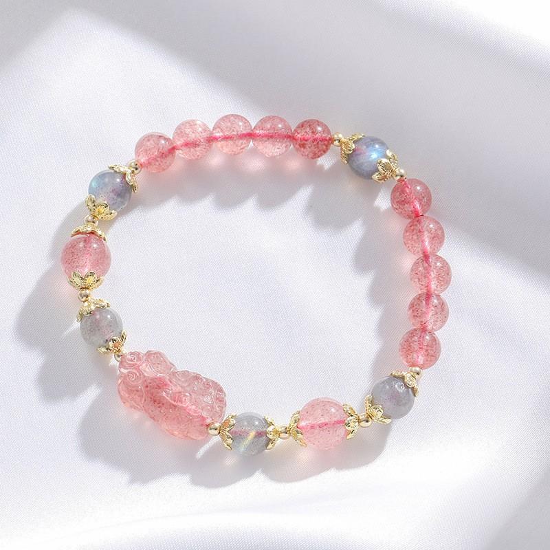 Strawberry Quartz Beaded Bracelet With Matte Gray Moonstone Engraved Pixiu Charm Women Elegant Minimalist Style