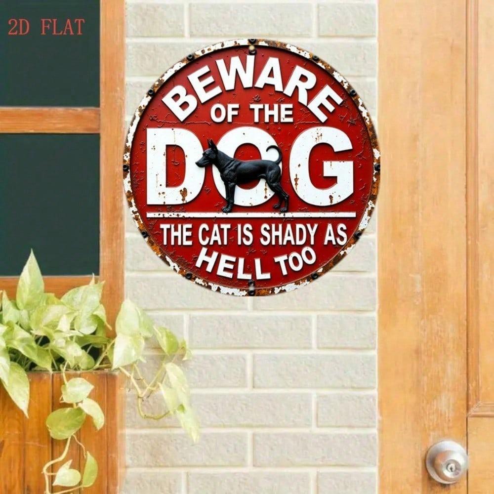Vintage Metal Sign Rusty Farmhouse Wall Decor 8 Inch Round Beware of Dog Warning Plaque Retro Red White Funny Pet Caution